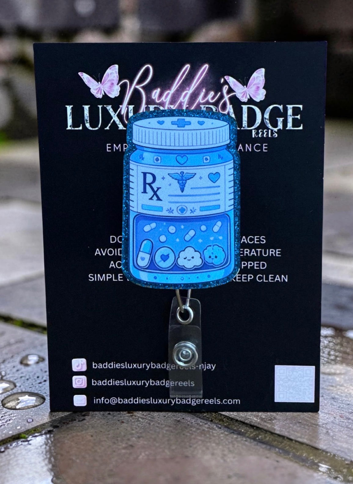 Rx Blue Pill Bottle Badge Reel